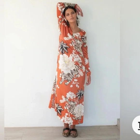 NWT Las Sureñas Tiger Romantic Silk Maxi Dress Size Medium - Picture 8 of 15